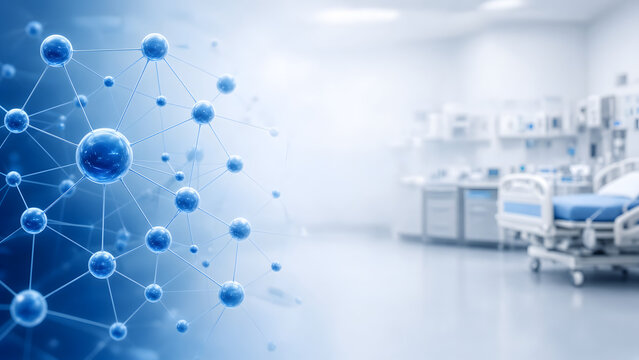 Digital blue nodes with a hospital for technology medical concept