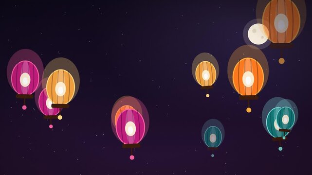 Glowing sky lanterns rising through starry night sky in loop