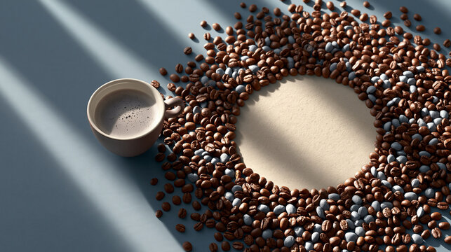 A cup of coffee beside roasted beans arranged in circular frame on blue surface