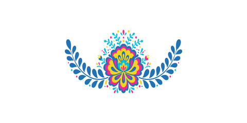 Decorative folk art floral motif with blue yellow pink and green elements on a transparent background. © Png World Collection