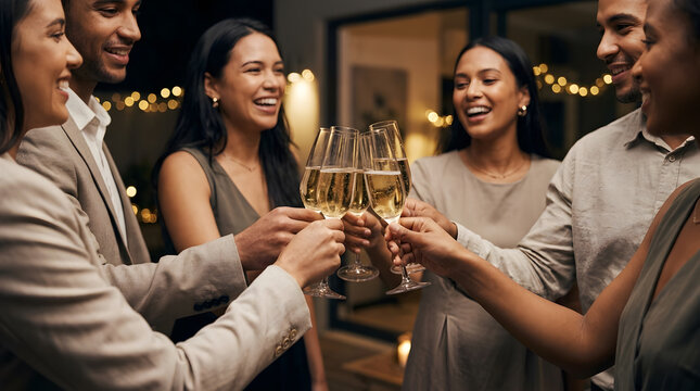 Diverse group of friends celebrating and toasting with champagne glasses at a party
