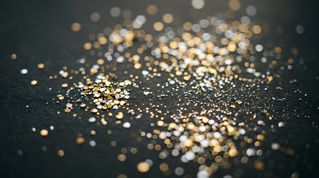 Scattered gold and silver glitter particles on a dark textured surface with bokeh effect