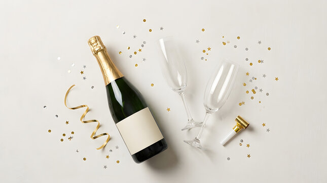 Celebration setup with champagne bottle, flutes, confetti, and party blower on a light background