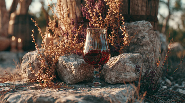 A goblet of red wine sitting on textured stone pedestal surrounded by dried autumn flora