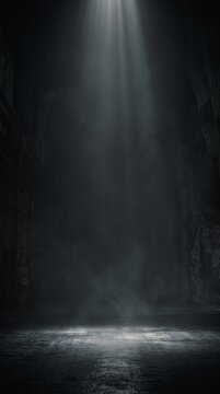 Dramatic vertical shaft of light, illuminating dark cave interior, atmospheric volumetric fog with floating dust particles, moody underground cavern setting, dark interior background