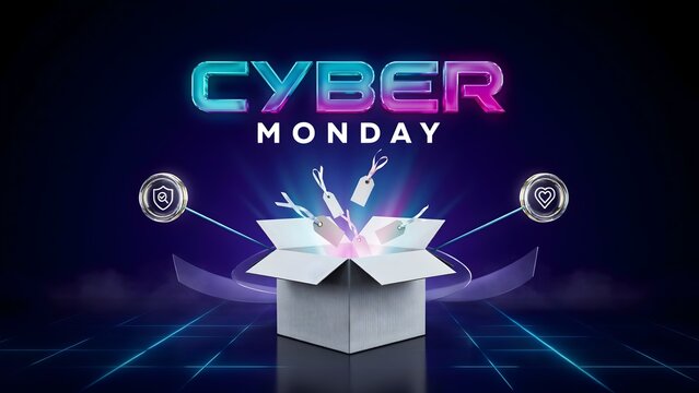 Cyber monday neon text with open gift box and floating price tags background