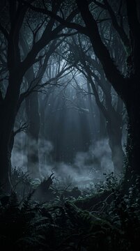 Dark enchanted forest landscape, with glowing mist and mystical trees, illuminated by moonlight, fantasy woodland setting