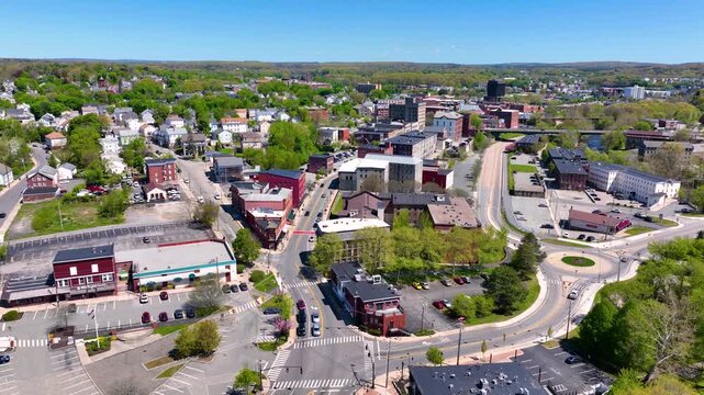 Market Square aerial view at Woonsocket Main Street Historic District in downtown Woonsocket, Rhode Island RI, USA.