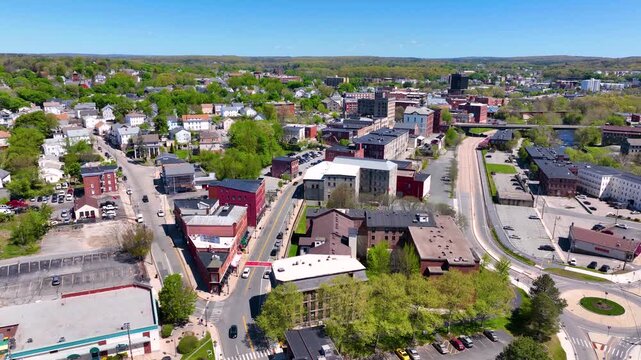 Woonsocket Main Street Historic District aerial view in downtown Woonsocket, Rhode Island RI, USA.