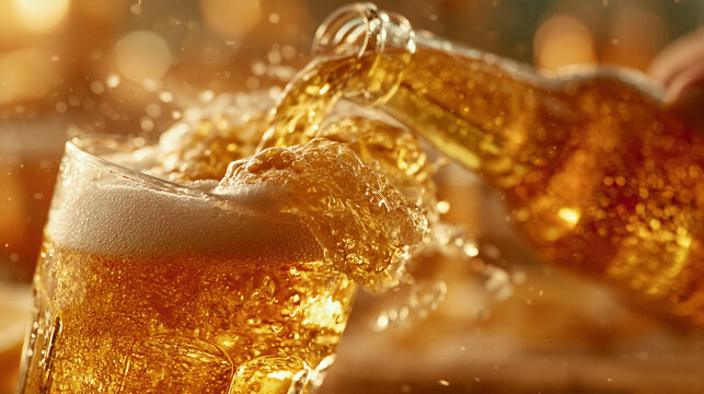 Golden beer pouring from a bottle into a refreshing glass with bubbly foam