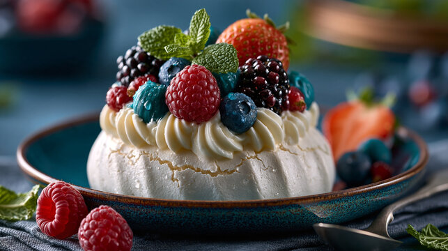 Creamy meringue dessert topped with fresh summer berries and mint on blue plate