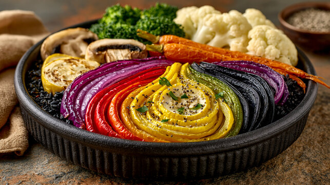 Colorful roasted vegetables including rainbow carrots, cauliflower, and squash in a pan