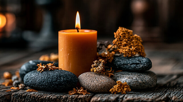 Lit scented candle resting among dark polished stones and dried spices on wood