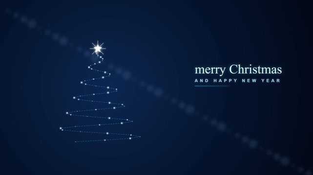 Magical sparkling stardust Christmas tree drawn with luminous glowing cursive script lights on deep royal holiday blue night backdrop, elegant festive seasonal greeting background loop