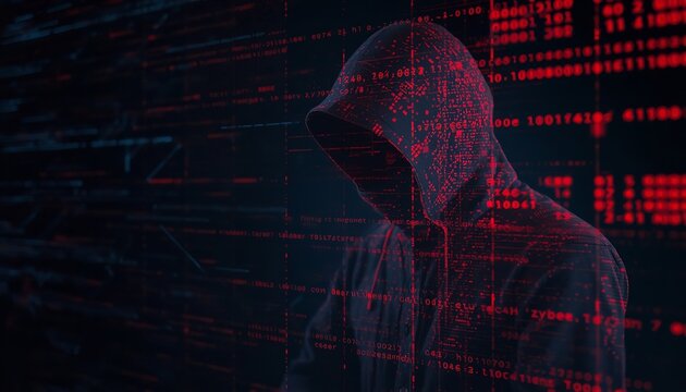 Anonymous hacker wearing dark hoodie surrounded by glowing red binary code projection during digital cyber attack