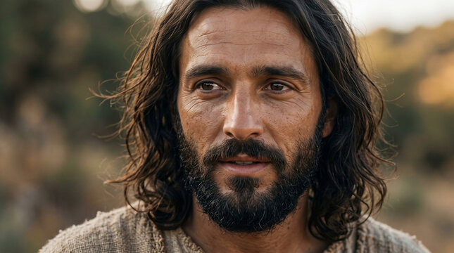 Portrait of a Man with a Beard and Long Hair: A close-up portrait of a man with a beard and long, dark hair, looking contemplative. He wears simple, rustic clothing.