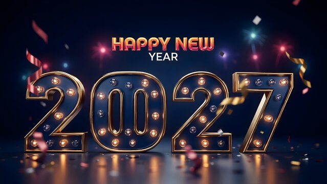 Happy new year 2027 text with glowing marquee numbers and festive confetti background
