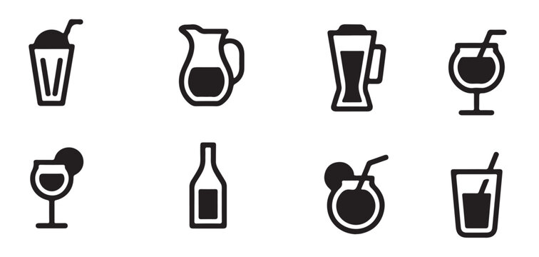 Drink and beverage icon set with blender pitcher and various glassware for cafe restaurant and bar menu design.