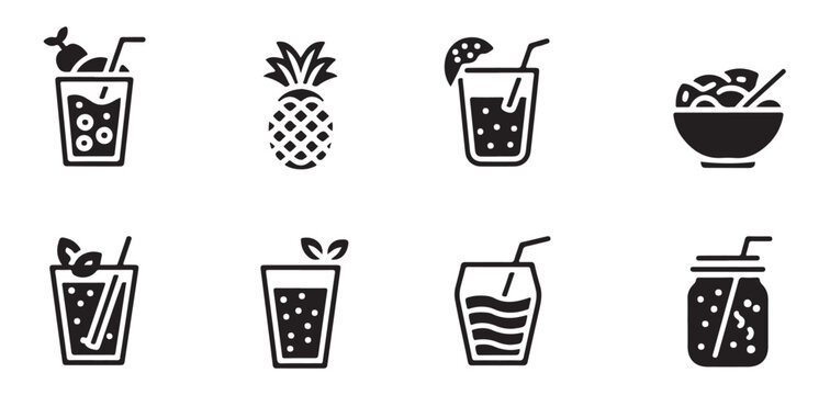 Cocktail icons set featuring refreshing summer beverages and tropical fruits for bar menu design or drink web assets.