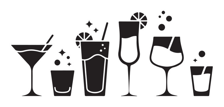 Cocktail beverage icons with sparkling bubbles and fruit garnish silhouettes for bar menu design and branding.