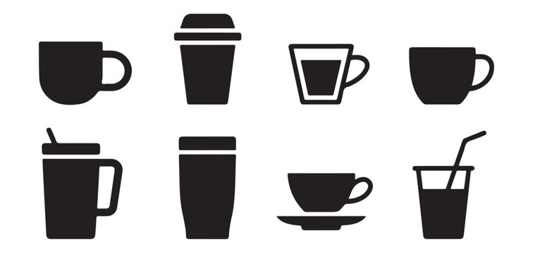 Coffee mug and tea cup icons for cafe menu or hot beverage presentation with various drink container designs set.