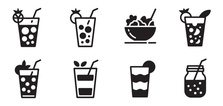 Refreshing cocktail icons collection featuring fruit garnishes and bowls for bar or healthy restaurant menu art.