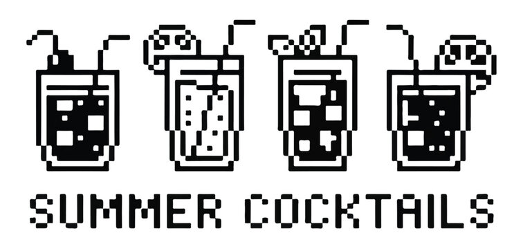Pixel art summer cocktails black outlines on transparent background for digital creative projects and games.