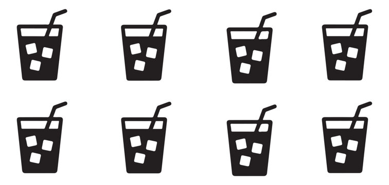 Black silhouette icons of refreshing iced drinks in glasses for menu templates or beverage branding.