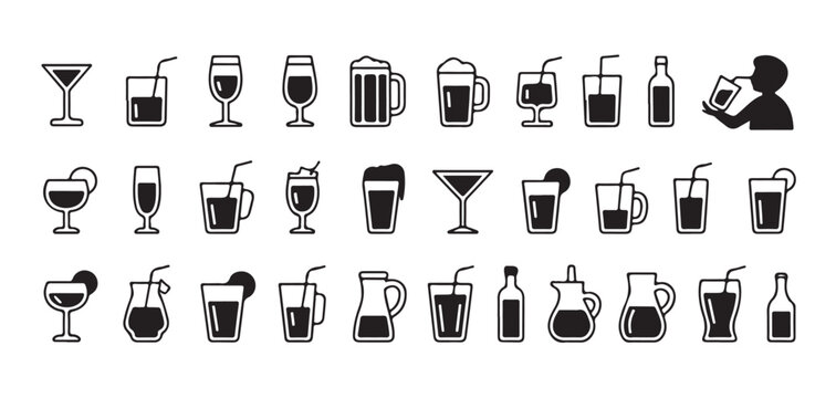 Comprehensive collection of black drink icons depicting various beverages for bar and restaurant menus.