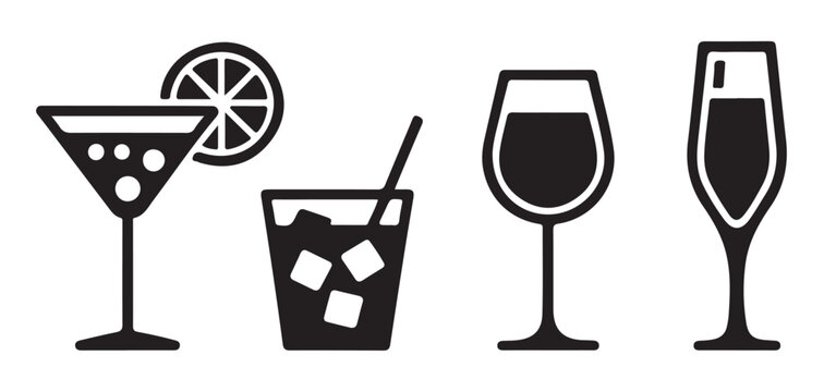 Set of black outlined drink glasses including martini wine and champagne for hospitality industry use.