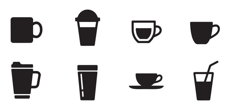 Set of black coffee mug and cup icons isolated on transparent background for cafe menu design and kitchen decor.