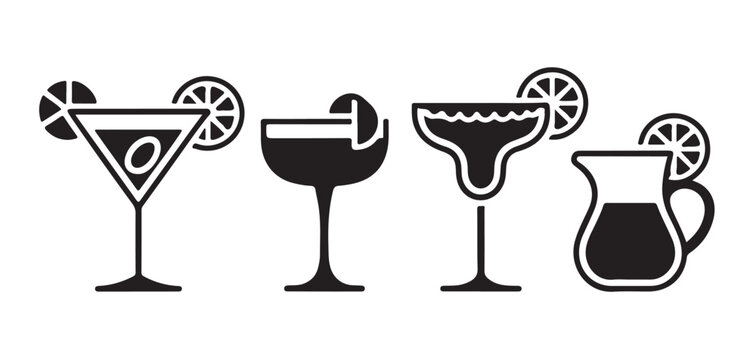 Collection of decorative black cocktail glass silhouettes with fruit garnishes for bar menu design assets.