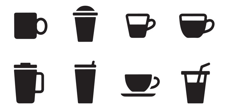 Black silhouette set of various coffee cup designs with lids and straws for cafe menu and drinks illustration.
