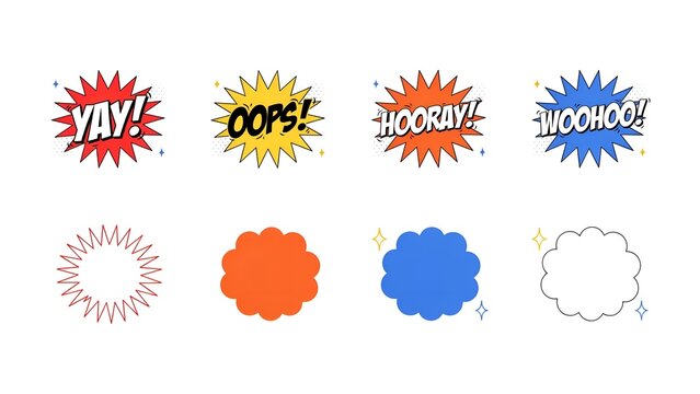 Set of comic speech bubbles with text yay oops hooray woohoo and blank colorful explosion shapes isolated on white background