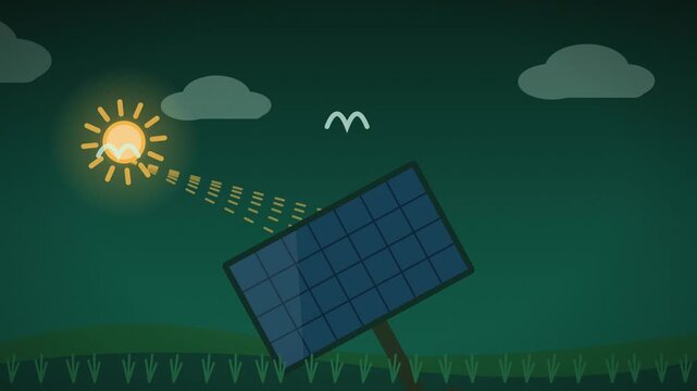 Solar panel array tracking the sun across a green sky seamless loop