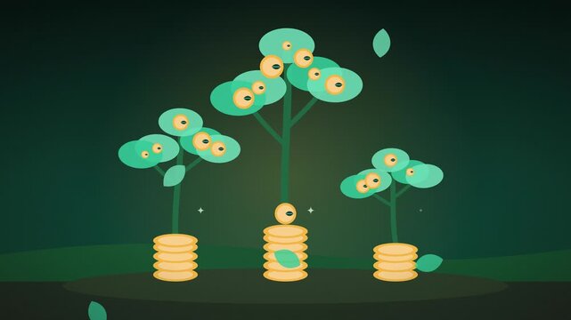 Money tree with golden coins growing on branches seamless loop