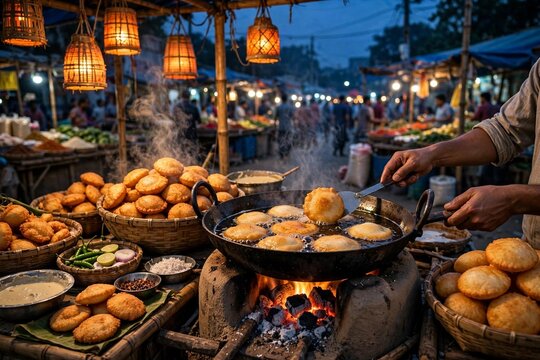 Street food vendor frying crispy pitha rice cakes at a lively evening market stall in Bangladesh