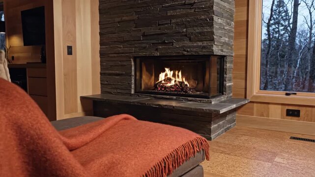 Rust red fringed wool blanket spread along a modern sofa facing a dark stacked slate fireplace, with a corner glass firebox, blonde timber walls, and trees beyond the window in a snug forest lounge