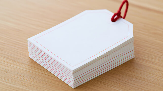 A stack of white paper tags with red border and red string tie on wooden table background mockup concept for design and retail business