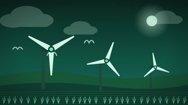 Wind turbines spinning over rolling green hills seamless loop