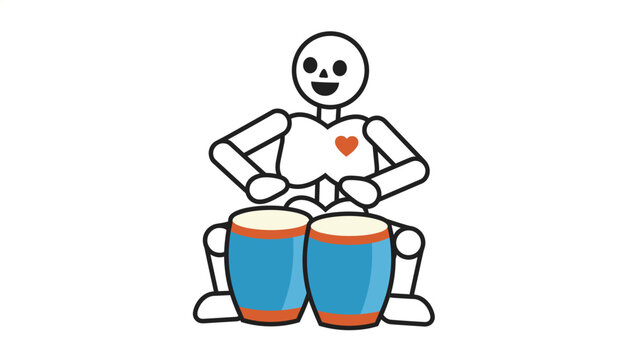 Joyful cartoon skeleton with a red heart beats rhythmically on blue bongo drums in celebratory musical halloween art.