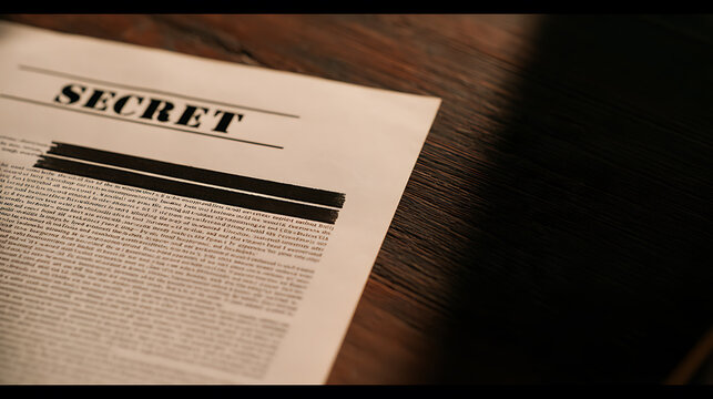Secret document with redacted text and confidential stamp on wooden table background, mysterious intelligence file for security and privacy