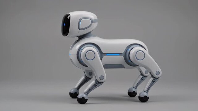 White quadruped robot dog with a glowing cyan LED strip standing in a three quarter side profile on a seamless gray studio background, product showcase concept, copy space