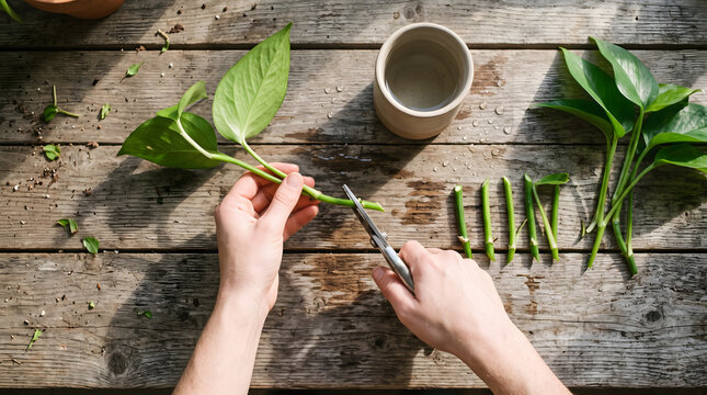 Close-up of hands using scissors to trim pothos plant stems for propagation on a textured rustic wooden table, featuring a small cup of water and prepared cuttings, capturing the peaceful process o...