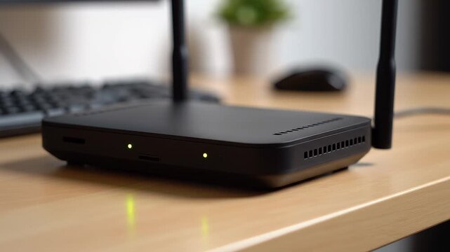 Close-up of a generic black Wi-Fi router on a wooden desk, its status LEDs blinking in a softly lit workspace with a blurred keyboard and mouse in the background.