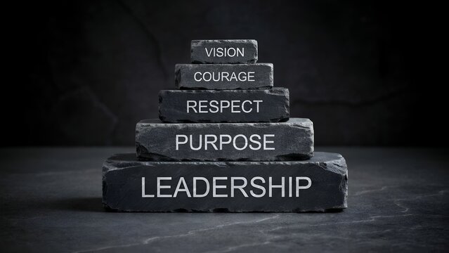 Stack of stone blocks with core leadership values leadership purpose respect courage and vision carved on dark slate background, corporate strategy and management foundation concept