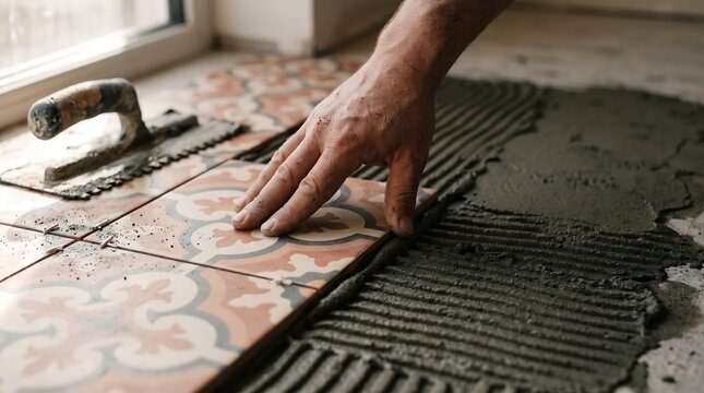 Tiler laying decorative floor tiles with cement mortar