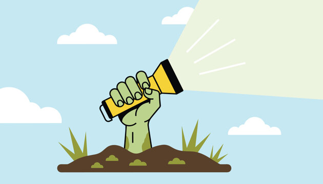 Green zombie hand emerges from fresh soil holding a glowing yellow flashlight against bright blue sky outdoors.