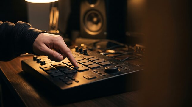 Musician finger pressing buttons on a beat making machine