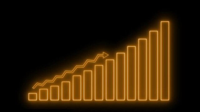 Neon-style glowing bar chart and upward zigzag line, showing growth trend with arrow at top right animation